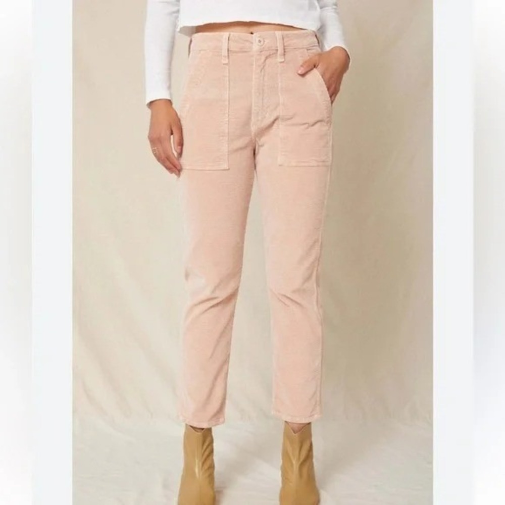 AMO Easy Army Corduroy Ankle Pants Straight‎ Leg High Rise Stretch Pink Sz 32